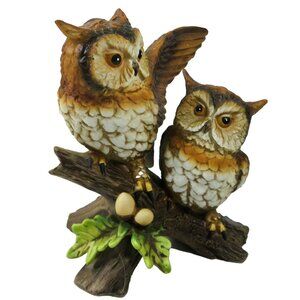 Vintage HOMCO Porcelain 5" Great Horned Owl Pair on Branch #1404 Pristine